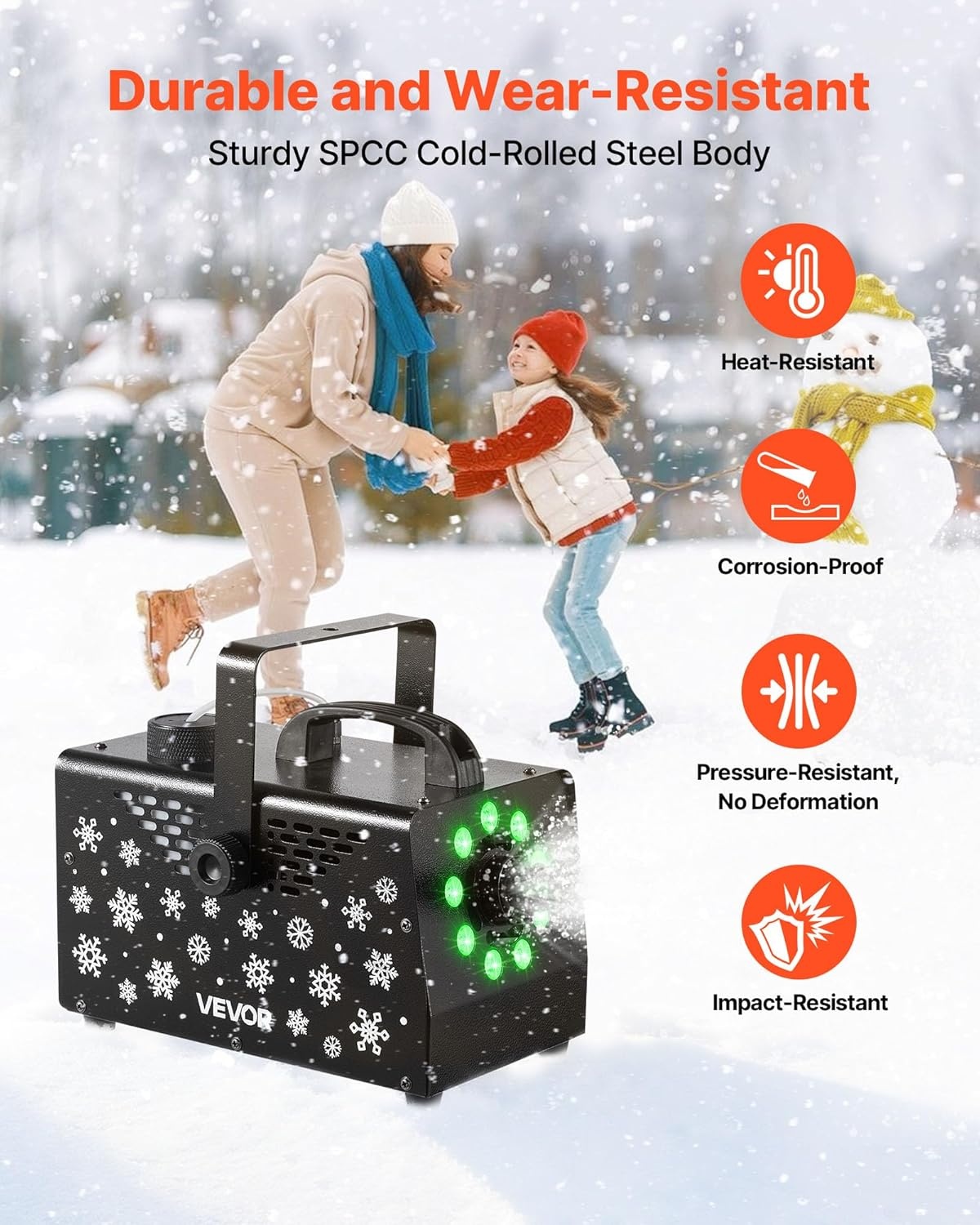 VEVOR Sneeuwmachine, 900 W, draagbaar, hangend, met omgevingslicht, met draadloze afstandsbediening en vloeistofreservoir, 1 l, buitengebruik, voor kerstfeesten