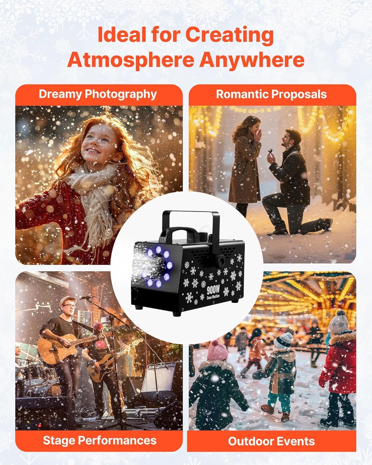 VEVOR Sneeuwmachine, 900 W, draagbaar, hangend, met omgevingslicht, met draadloze afstandsbediening en vloeistofreservoir, 1 l, buitengebruik, voor kerstfeesten
