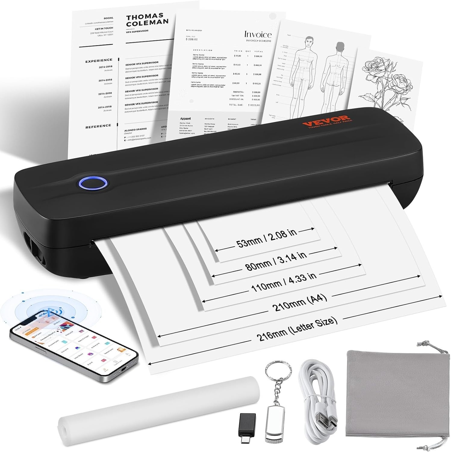 VEVOR Draagbare printer, 2600 mAh-batterij, 203 dpi, Bluetooth inktloze mobiele printer voor A4, A5 en 8,5 "x 11" thermisch papier, compatibel met iOS, Android en laptop, ideaal voor reizen, kantoor