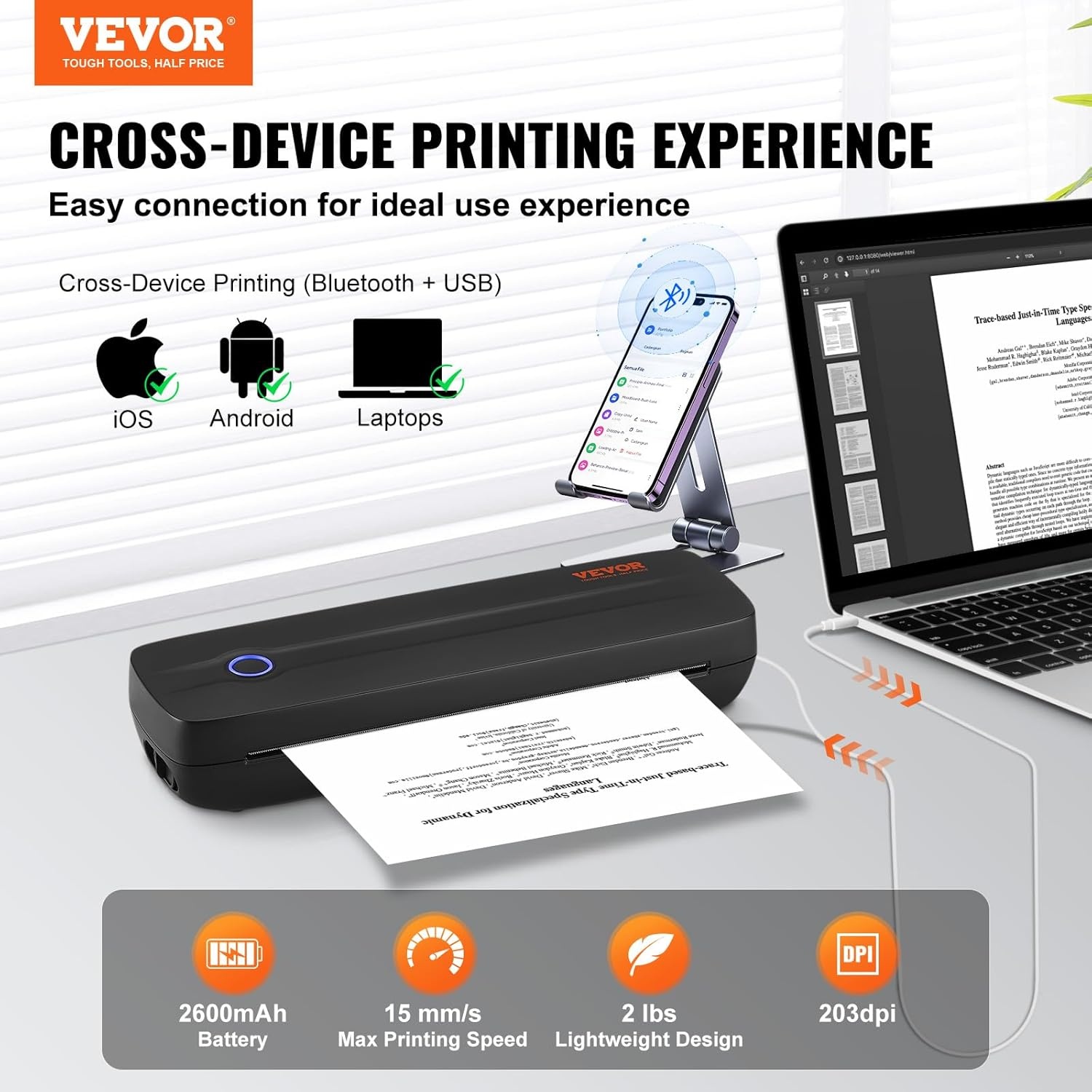 VEVOR Draagbare printer, 2600 mAh-batterij, 203 dpi, Bluetooth inktloze mobiele printer voor A4, A5 en 8,5 "x 11" thermisch papier, compatibel met iOS, Android en laptop, ideaal voor reizen, kantoor