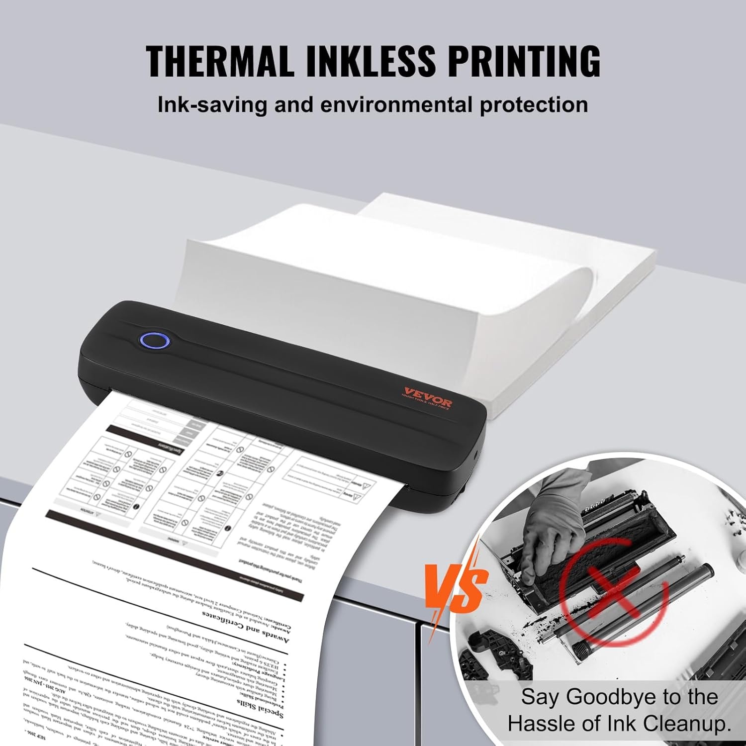 VEVOR Draagbare printer, 2600 mAh-batterij, 203 dpi, Bluetooth inktloze mobiele printer voor A4, A5 en 8,5 "x 11" thermisch papier, compatibel met iOS, Android en laptop, ideaal voor reizen, kantoor