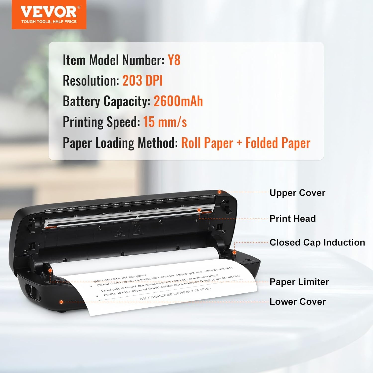 VEVOR Draagbare printer, 2600 mAh-batterij, 203 dpi, Bluetooth inktloze mobiele printer voor A4, A5 en 8,5 "x 11" thermisch papier, compatibel met iOS, Android en laptop, ideaal voor reizen, kantoor