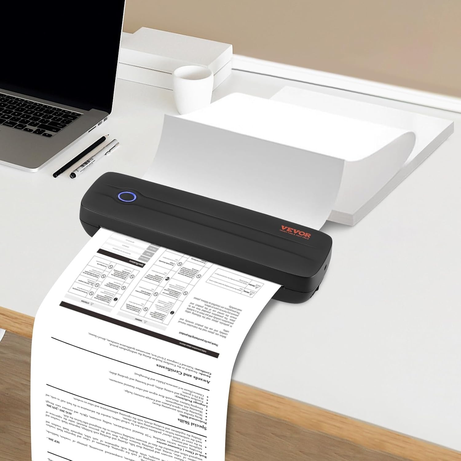 VEVOR Draagbare printer, 2600 mAh-batterij, 203 dpi, Bluetooth inktloze mobiele printer voor A4, A5 en 8,5 "x 11" thermisch papier, compatibel met iOS, Android en laptop, ideaal voor reizen, kantoor