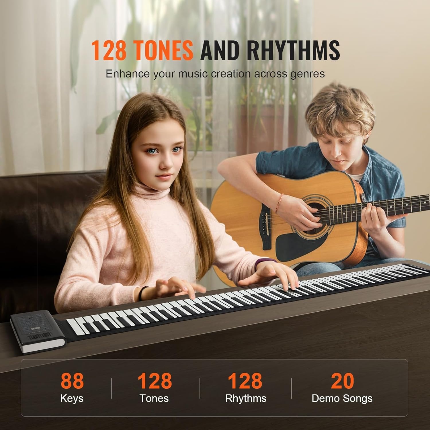 VEVOR Pianotoetsenbord met 88 toetsen, oprolbaar, 128 ritmes, 128 tonen, draagbaar, digitale hand met oplaadbare accu, luidspreker, 2 W led-display, 5 poorten, MIDI-functie, kinderen, beginners,