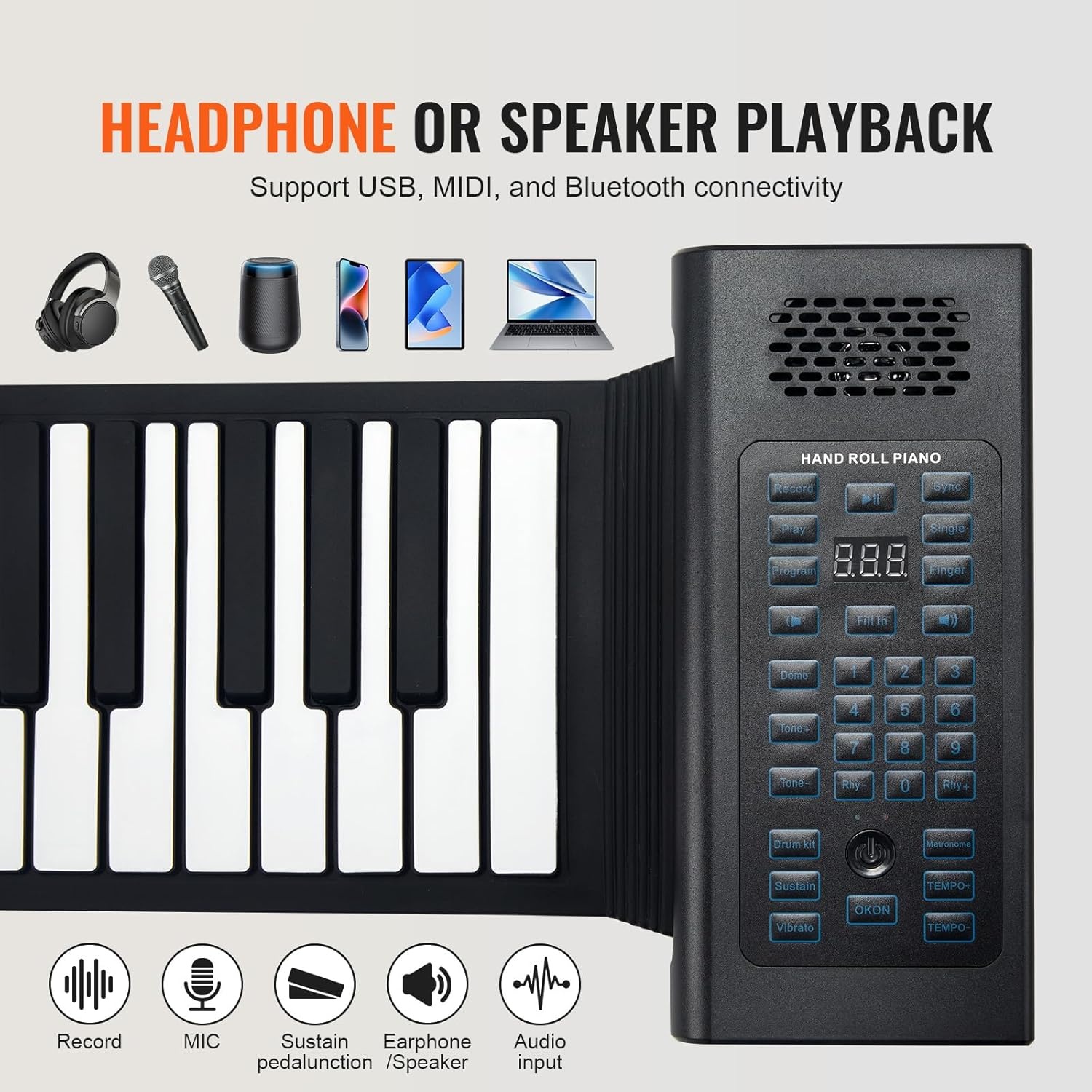 VEVOR Pianotoetsenbord met 88 toetsen, oprolbaar, 128 ritmes, 128 tonen, draagbaar, digitale hand met oplaadbare accu, luidspreker, 2 W led-display, 5 poorten, MIDI-functie, kinderen, beginners,