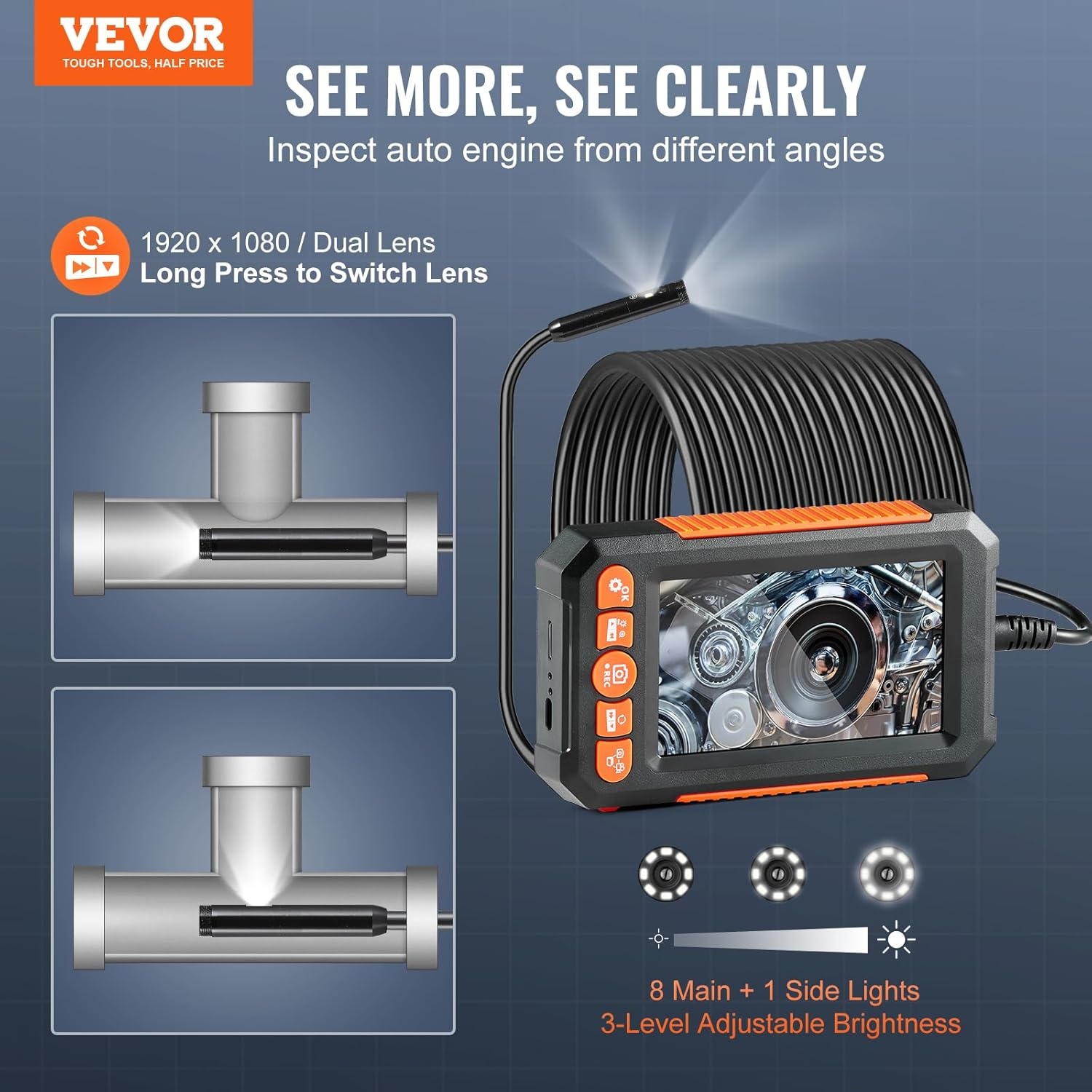 VEVOR Endoscoopcamera met dubbele lens, met halfharde kabel, 15 m, 1080p inspectiecamera met display, 8 + 1 ledverlichting, waterdicht conform IP67, voor auto's en loodgieterswerk, 145 x 85 x 26 mm