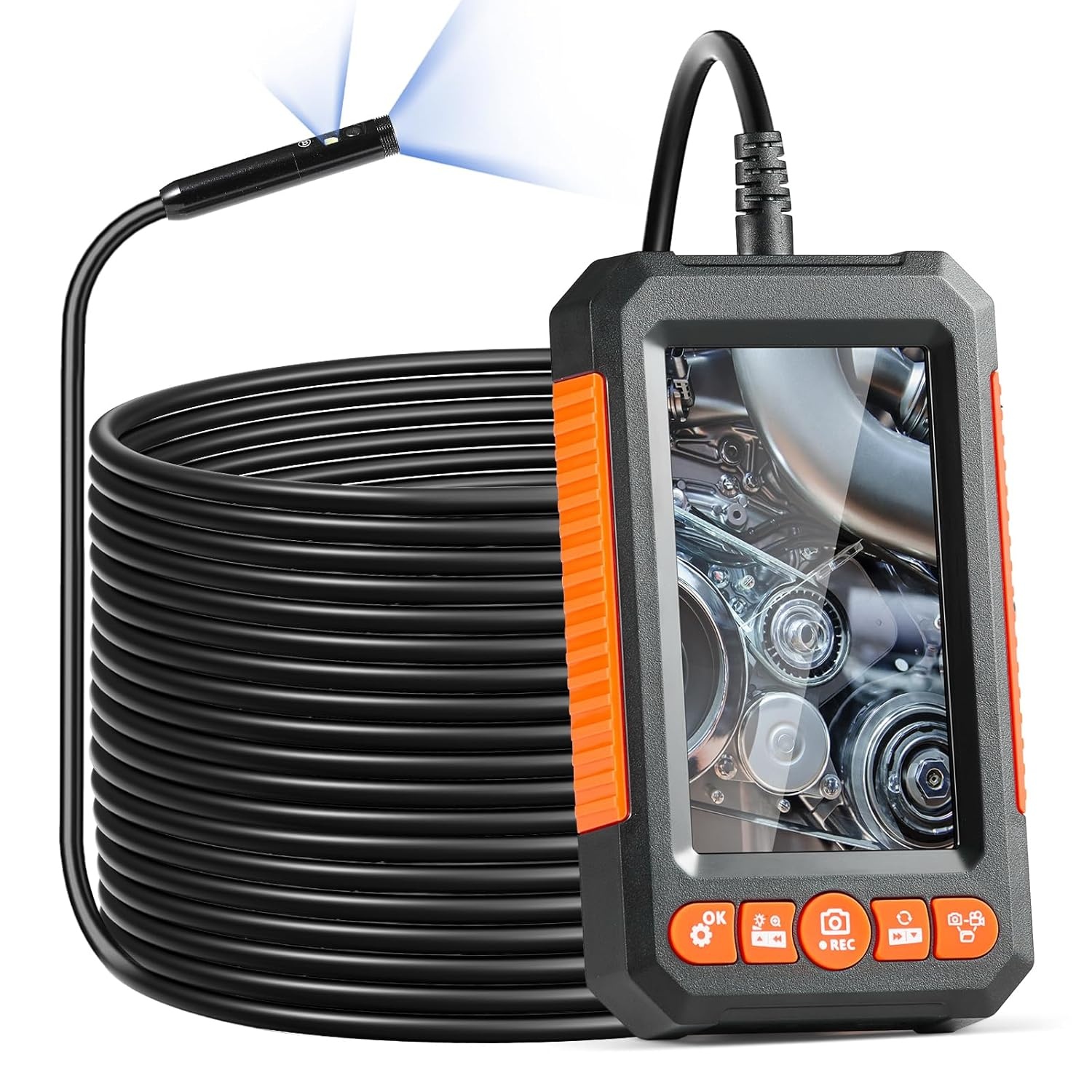 VEVOR Endoscoopcamera met dubbele lens, met halfharde kabel, 15 m, 1080p inspectiecamera met display, 8 + 1 ledverlichting, waterdicht conform IP67, voor auto's en loodgieterswerk, 145 x 85 x 26 mm