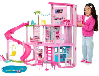 Barbie Droomhuis, Zwembadfeestje Poppenhuis met meer dan 75 onderdelen en een glijbaan over 3 verdiepingen, Barbie Huis Speelset, huisdierlift en puppyspeelplekken, HMX10