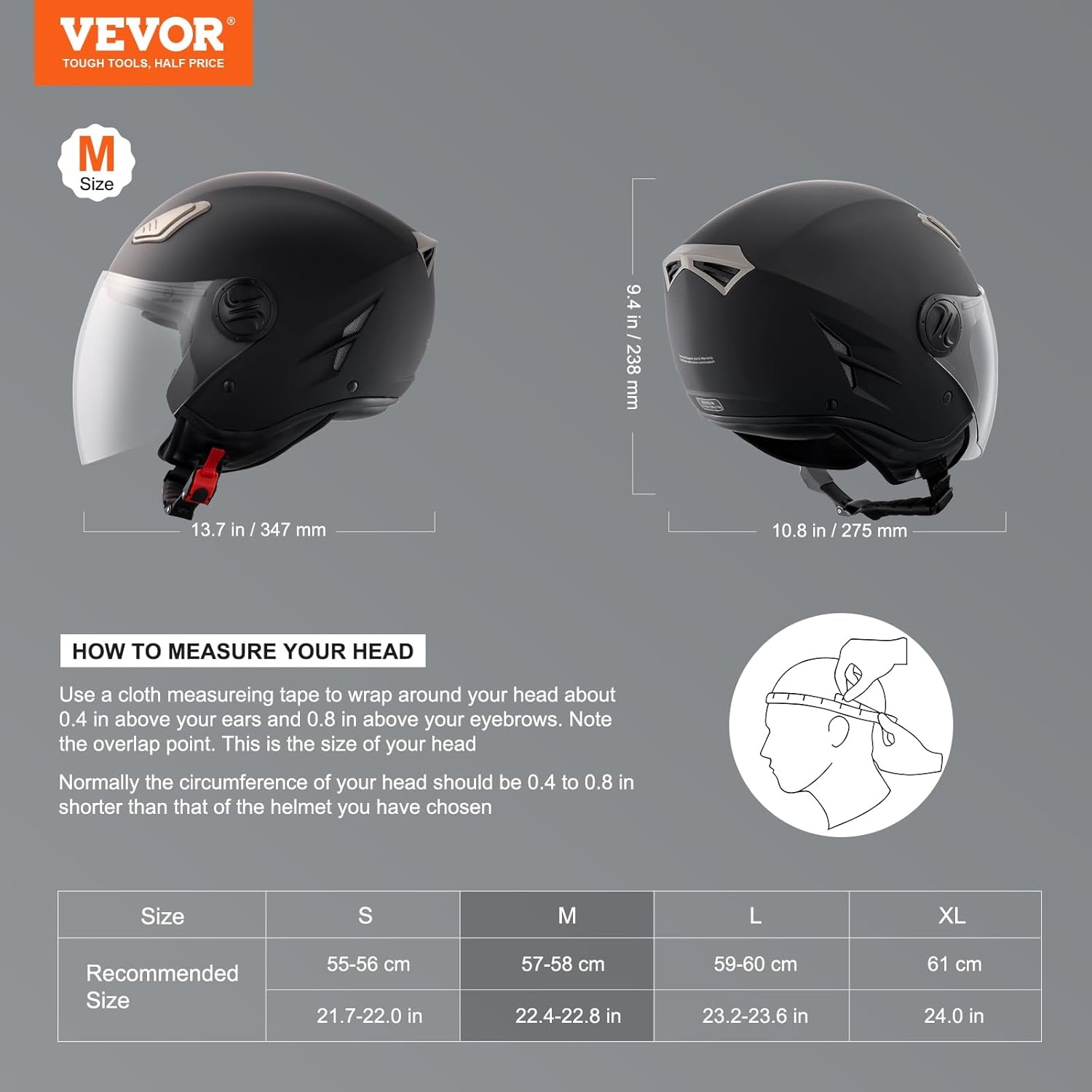 VEVOR 3/4-Face Motorhelm - Zwarte Jethelm met Bluetooth Voorbereiding en Dubbel Vizier