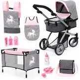 Bayer Design 18333AC Combi poppenwagen, omvormbaar, in hoogte verstelbaar, accessoires, zakje, bedje, draagzak, slaapzak, jeans-grijs, roze, unicorn