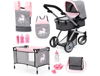 Bayer Design 18333AC Combi poppenwagen, omvormbaar, in hoogte verstelbaar, accessoires, zakje, bedje, draagzak, slaapzak, jeans-grijs, roze, unicorn