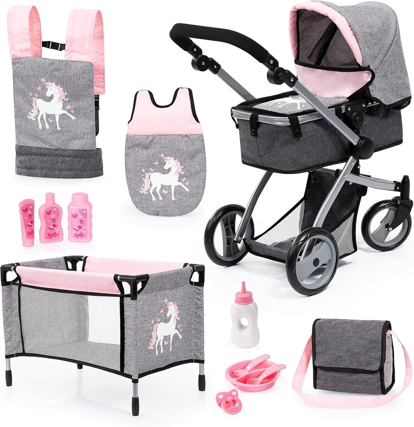 Bayer Design 18333AC Combi poppenwagen, omvormbaar, in hoogte verstelbaar, accessoires, zakje, bedje, draagzak, slaapzak, jeans-grijs, roze, unicorn