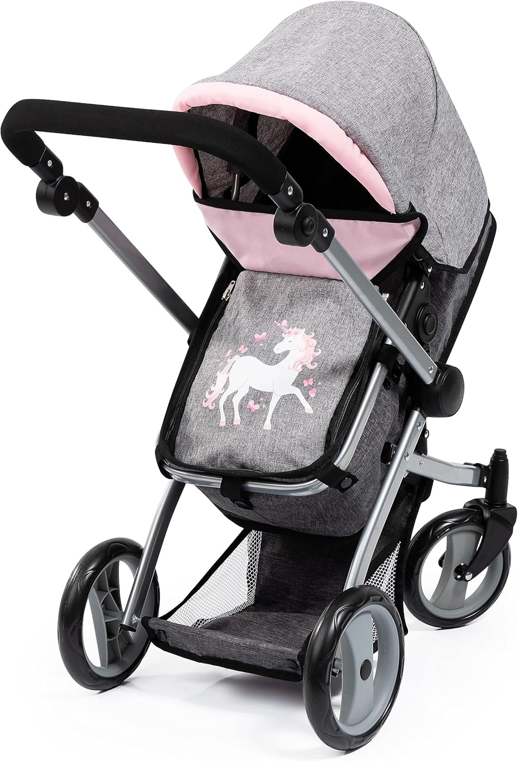 Bayer Design 18333AC Combi poppenwagen, omvormbaar, in hoogte verstelbaar, accessoires, zakje, bedje, draagzak, slaapzak, jeans-grijs, roze, unicorn