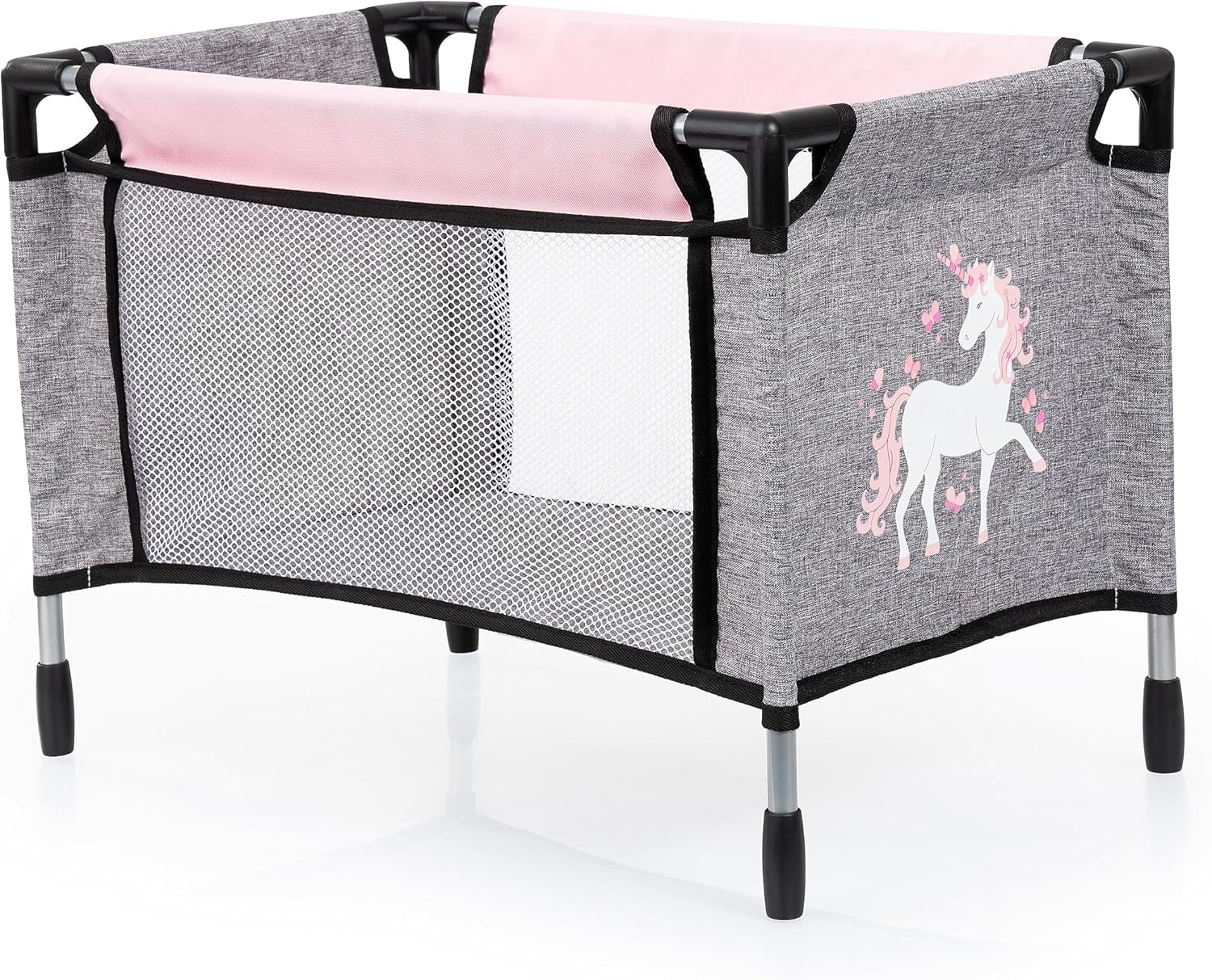Bayer Design 18333AC Combi poppenwagen, omvormbaar, in hoogte verstelbaar, accessoires, zakje, bedje, draagzak, slaapzak, jeans-grijs, roze, unicorn