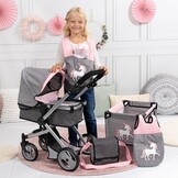 Bayer Design 18333AC Combi poppenwagen, omvormbaar, in hoogte verstelbaar, accessoires, zakje, bedje, draagzak, slaapzak, jeans-grijs, roze, unicorn