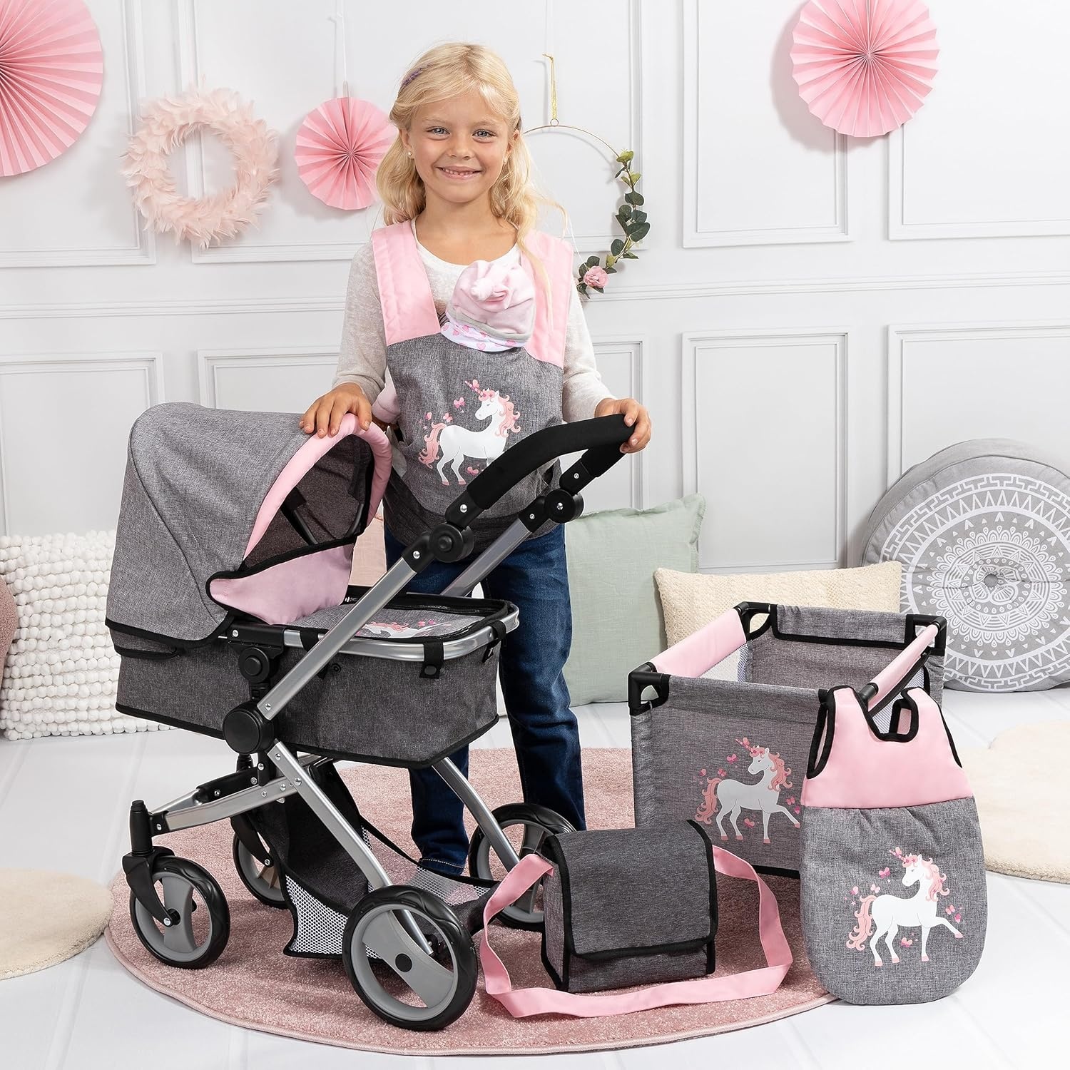 Bayer Design 18333AC Combi poppenwagen, omvormbaar, in hoogte verstelbaar, accessoires, zakje, bedje, draagzak, slaapzak, jeans-grijs, roze, unicorn