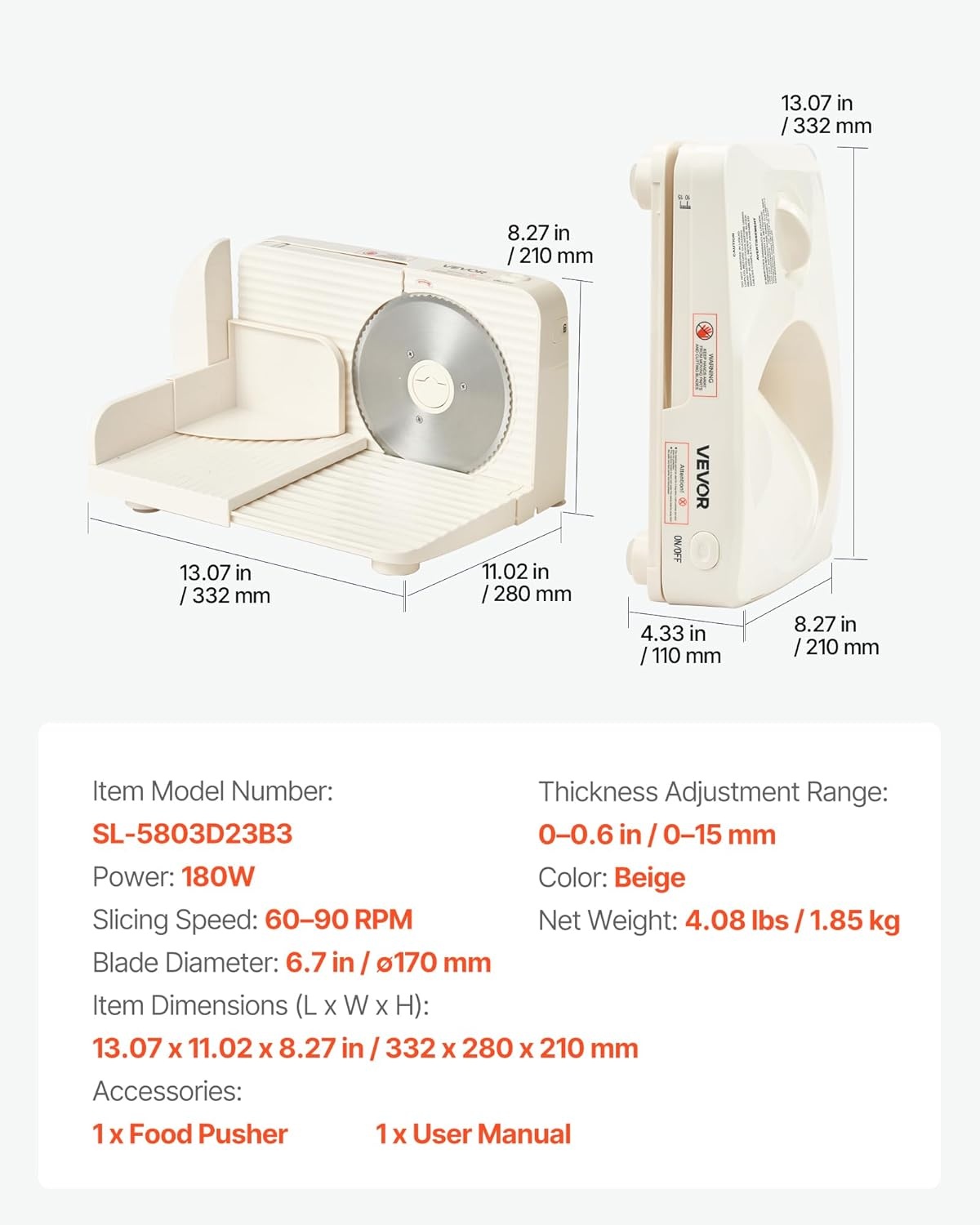 VEVOR Allessnijder, 180 W, elektrische snijmachine met 17 cm lemmet, vleessnijmachine met instelbare dikte van 0-15 mm, voor bevroren vlees, ham, prime, steak