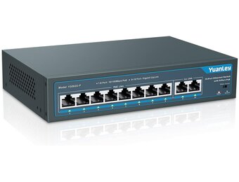 YuanLey PoE Switch 10 Poorten, 8 PoE-Poorten 100Mbps, 2 Uplink Gigabit, 120W 802.3af/at, Breid de Functie, Metal Fanless Plug and Play