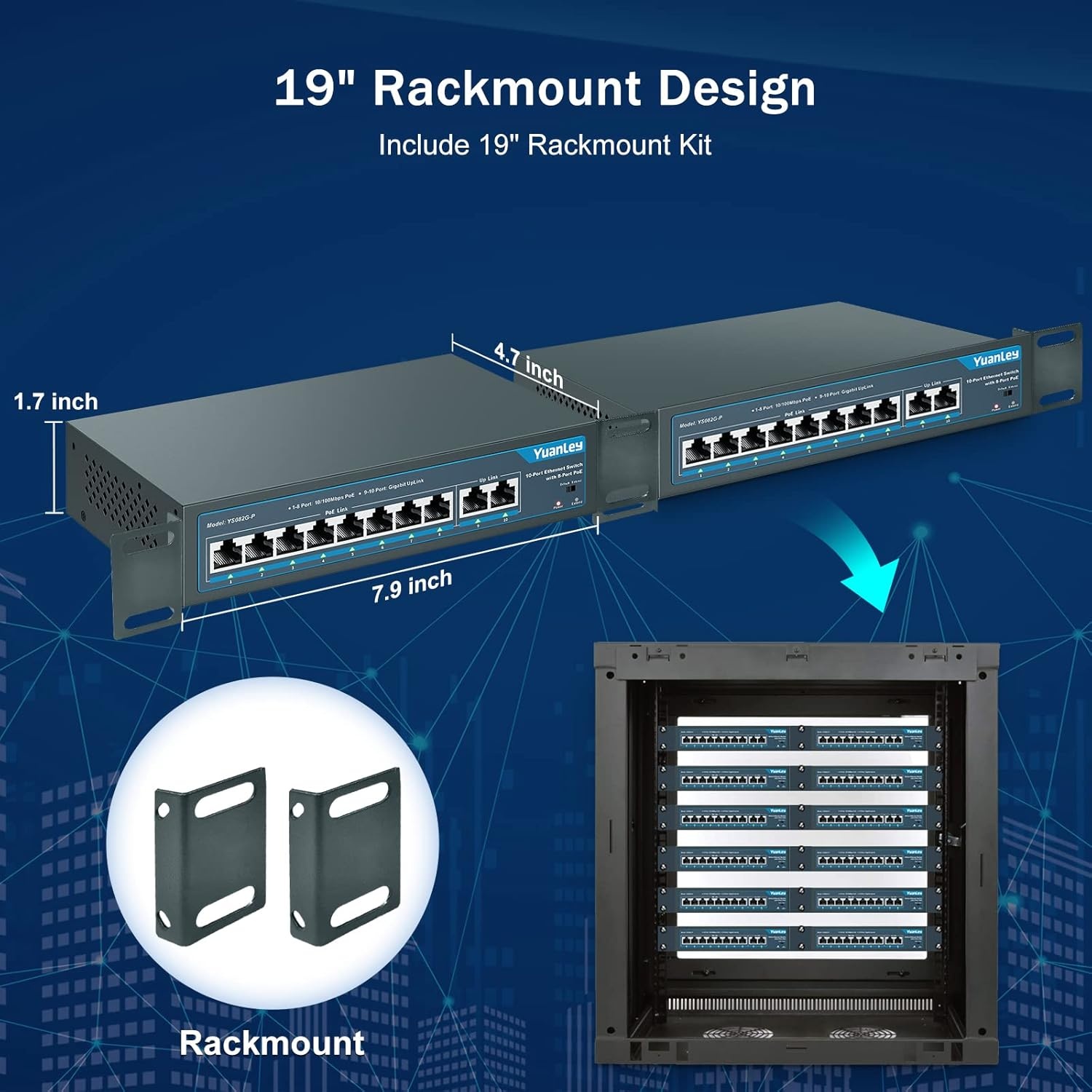 YuanLey PoE Switch 10 Poorten, 8 PoE-Poorten 100Mbps, 2 Uplink Gigabit, 120W 802.3af/at, Breid de Functie, Metal Fanless Plug and Play