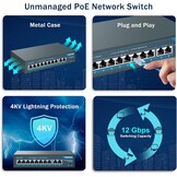 YuanLey PoE Switch 10 Poorten, 8 PoE-Poorten 100Mbps, 2 Uplink Gigabit, 120W 802.3af/at, Breid de Functie, Metal Fanless Plug and Play