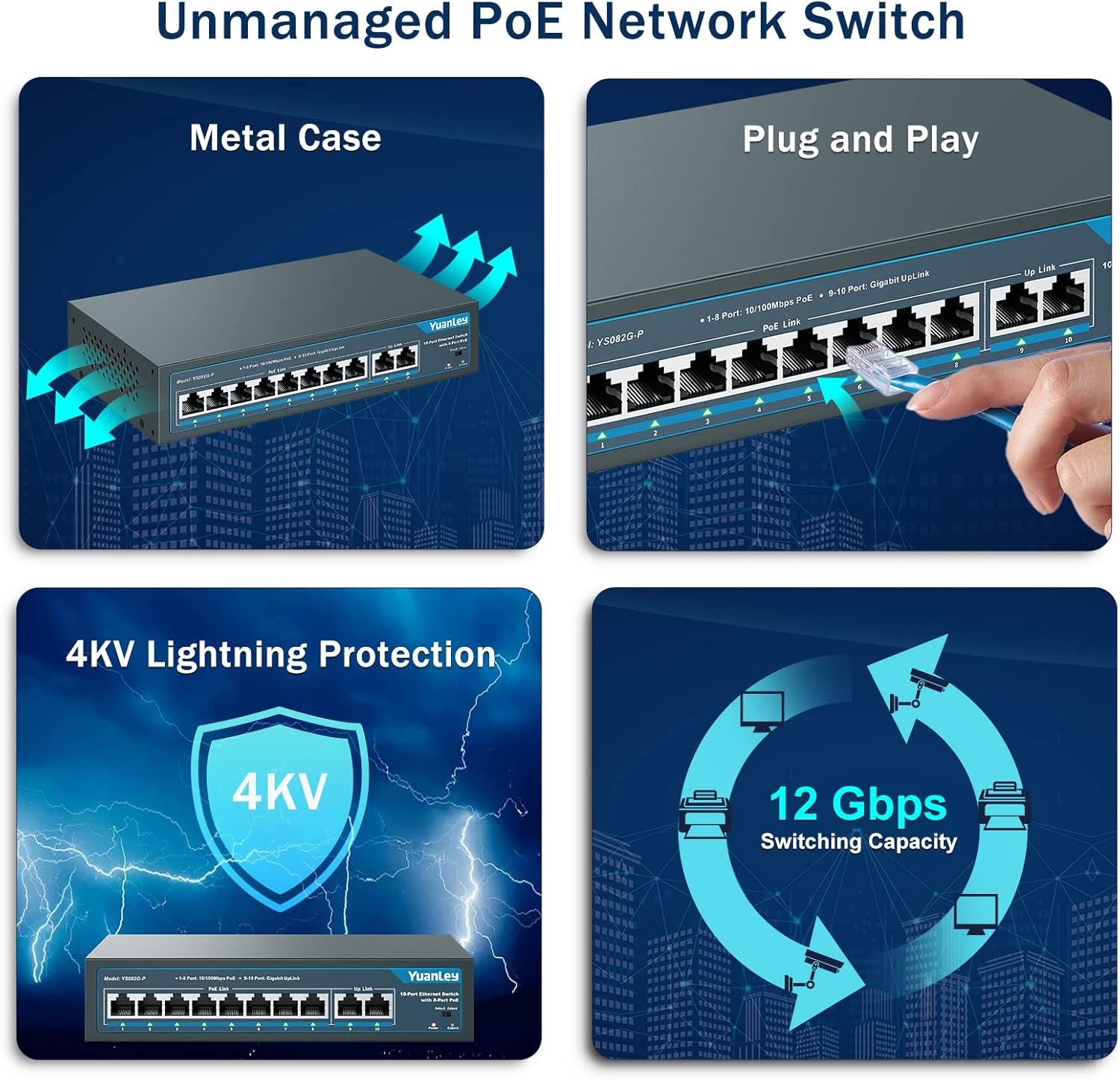 YuanLey PoE Switch 10 Poorten, 8 PoE-Poorten 100Mbps, 2 Uplink Gigabit, 120W 802.3af/at, Breid de Functie, Metal Fanless Plug and Play