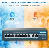 YuanLey PoE Switch 10 Poorten, 8 PoE-Poorten 100Mbps, 2 Uplink Gigabit, 120W 802.3af/at, Breid de Functie, Metal Fanless Plug and Play