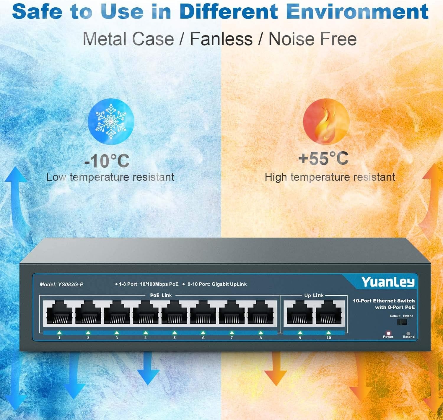 YuanLey PoE Switch 10 Poorten, 8 PoE-Poorten 100Mbps, 2 Uplink Gigabit, 120W 802.3af/at, Breid de Functie, Metal Fanless Plug and Play