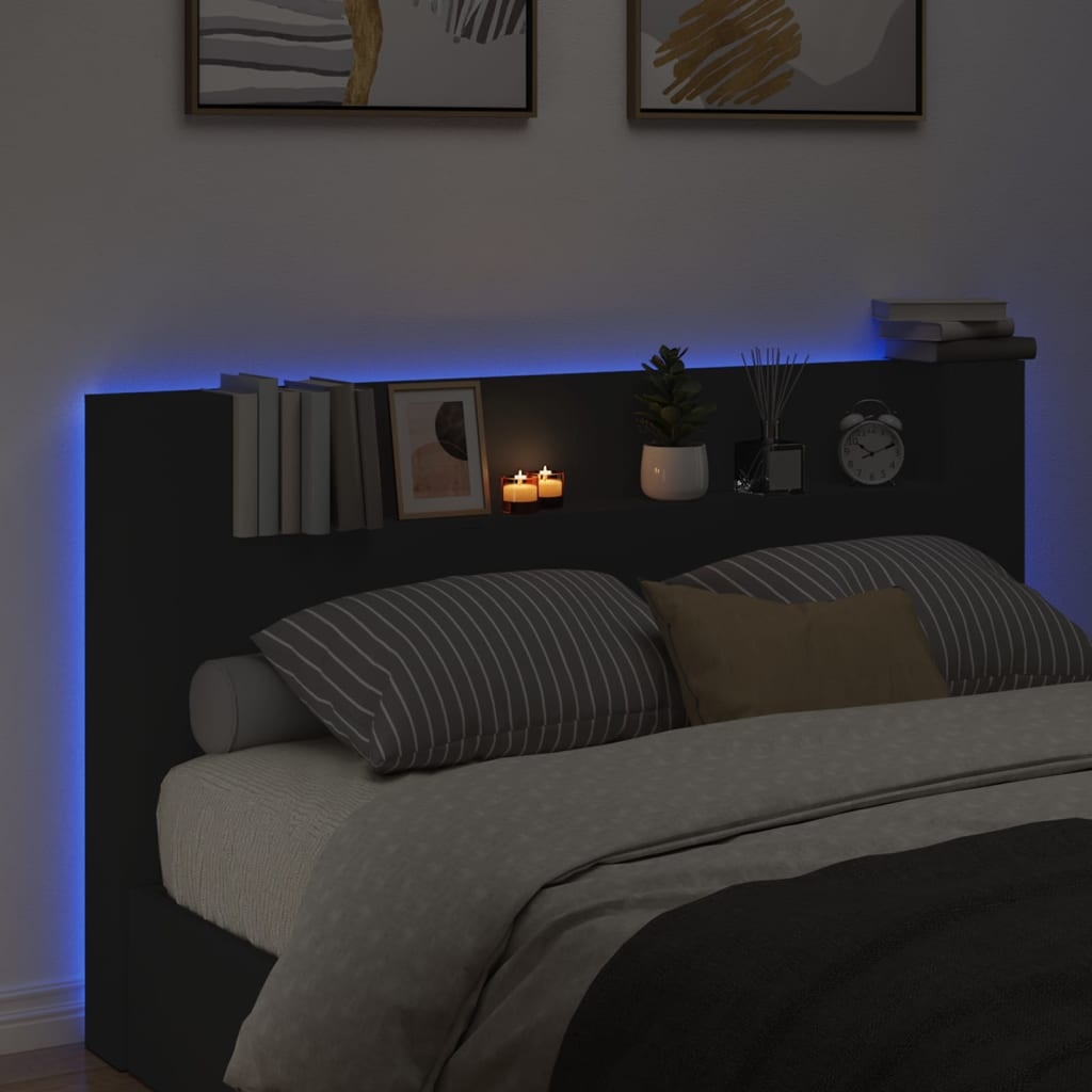 vidaXL Hoofdbordkast met LED-verlichting 180x16,5x103,5 cm zwart