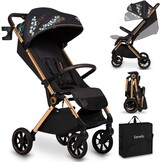 LIONELO Cloe Lichtgewicht Wandelwagen tot 22 kg – Automatisch Inklapbaar met Draagtas, Grote PU-Wielen met Vering, Verstelbare Rugleuning & Voetsteun, 5-Puntsgordel, UPF50+ XXL Zonnekap – Zwart Goud
