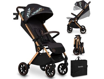 LIONELO Cloe Lichtgewicht Wandelwagen tot 22 kg – Automatisch Inklapbaar met Draagtas, Grote PU-Wielen met Vering, Verstelbare Rugleuning & Voetsteun, 5-Puntsgordel, UPF50+ XXL Zonnekap – Zwart Goud