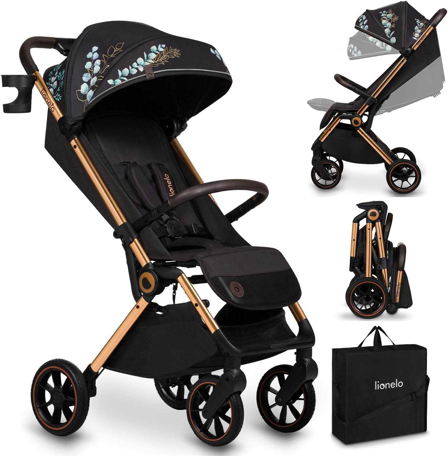 LIONELO Cloe Lichtgewicht Wandelwagen tot 22 kg – Automatisch Inklapbaar met Draagtas, Grote PU-Wielen met Vering, Verstelbare Rugleuning & Voetsteun, 5-Puntsgordel, UPF50+ XXL Zonnekap – Zwart Goud