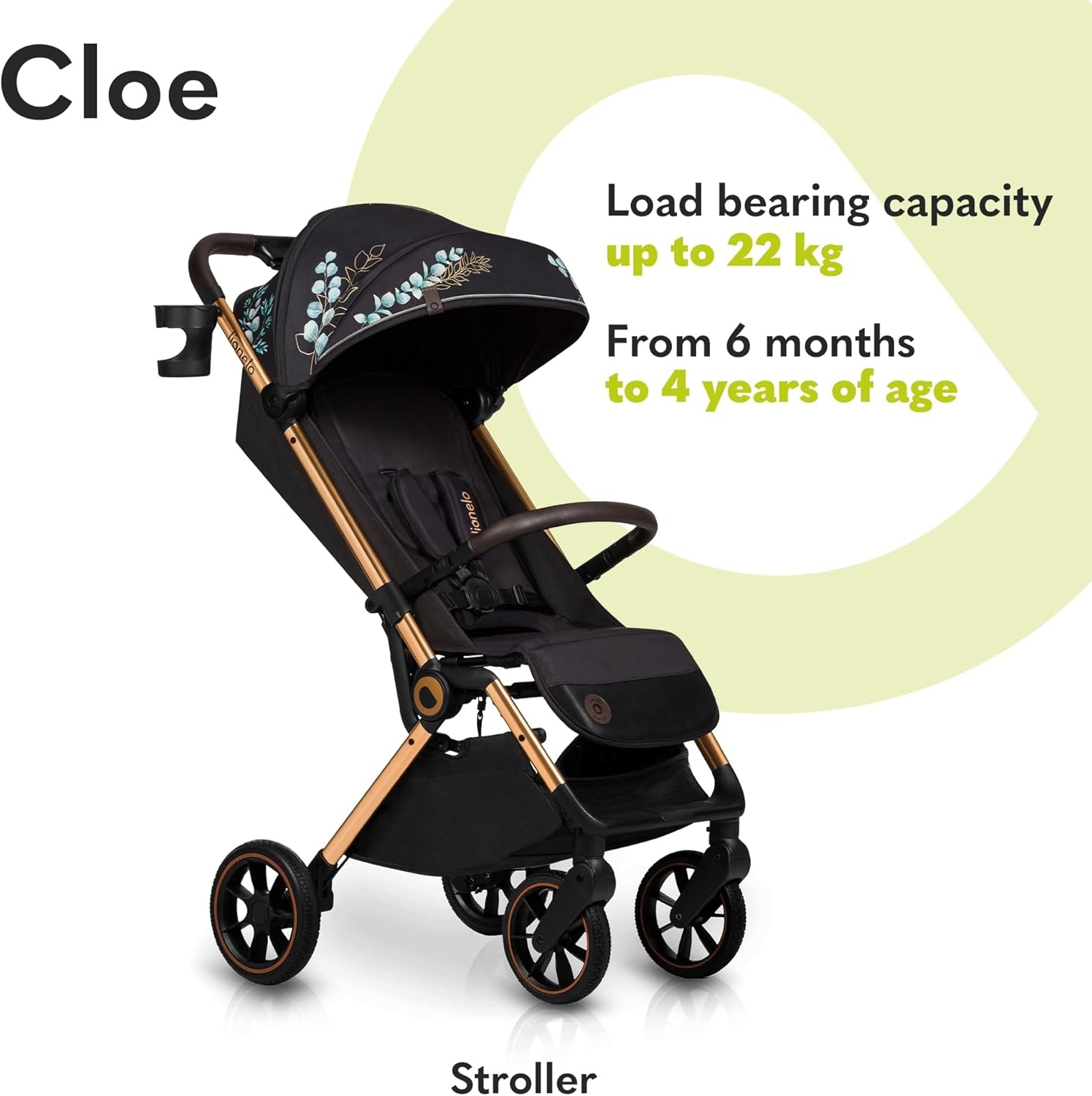 LIONELO Cloe Lichtgewicht Wandelwagen tot 22 kg – Automatisch Inklapbaar met Draagtas, Grote PU-Wielen met Vering, Verstelbare Rugleuning & Voetsteun, 5-Puntsgordel, UPF50+ XXL Zonnekap – Zwart Goud