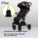 LIONELO Cloe Lichtgewicht Wandelwagen tot 22 kg – Automatisch Inklapbaar met Draagtas, Grote PU-Wielen met Vering, Verstelbare Rugleuning & Voetsteun, 5-Puntsgordel, UPF50+ XXL Zonnekap – Zwart Goud