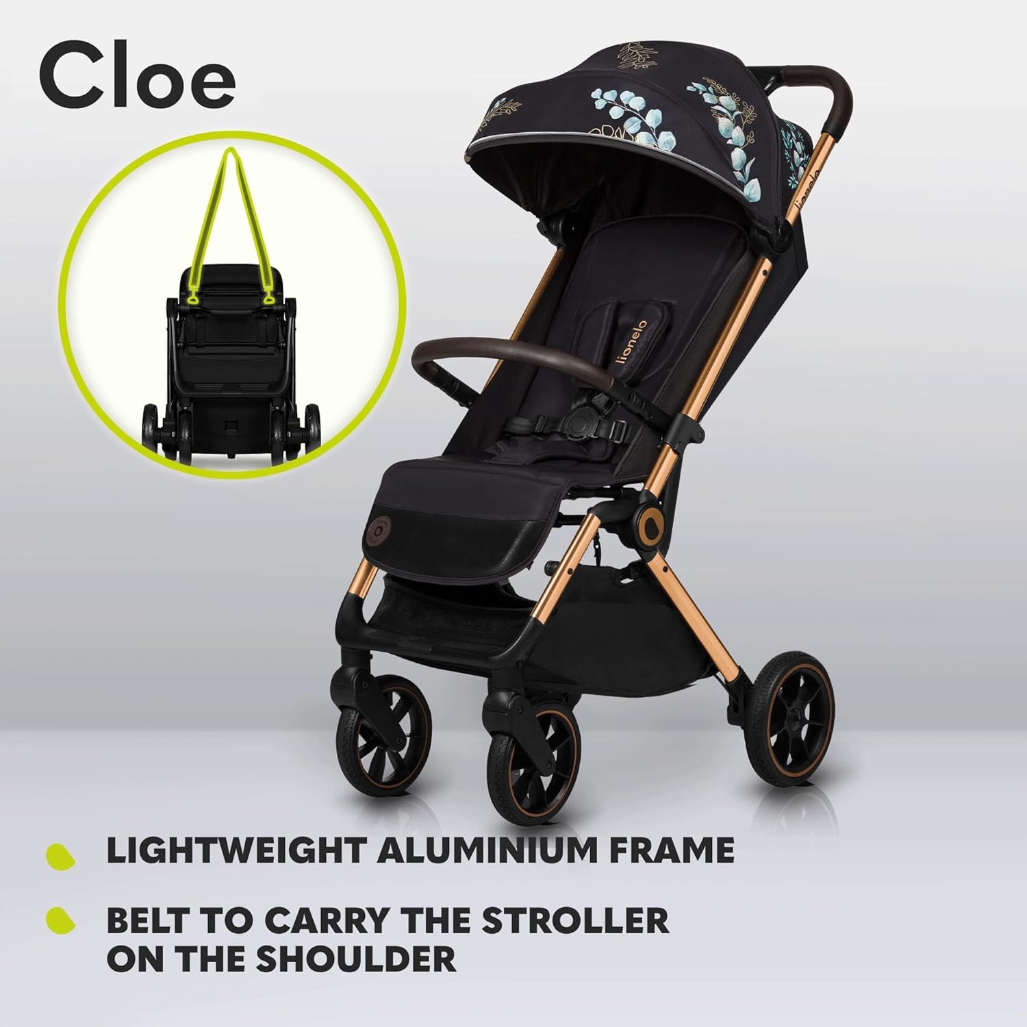LIONELO Cloe Lichtgewicht Wandelwagen tot 22 kg – Automatisch Inklapbaar met Draagtas, Grote PU-Wielen met Vering, Verstelbare Rugleuning & Voetsteun, 5-Puntsgordel, UPF50+ XXL Zonnekap – Zwart Goud