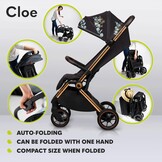 LIONELO Cloe Lichtgewicht Wandelwagen tot 22 kg – Automatisch Inklapbaar met Draagtas, Grote PU-Wielen met Vering, Verstelbare Rugleuning & Voetsteun, 5-Puntsgordel, UPF50+ XXL Zonnekap – Zwart Goud