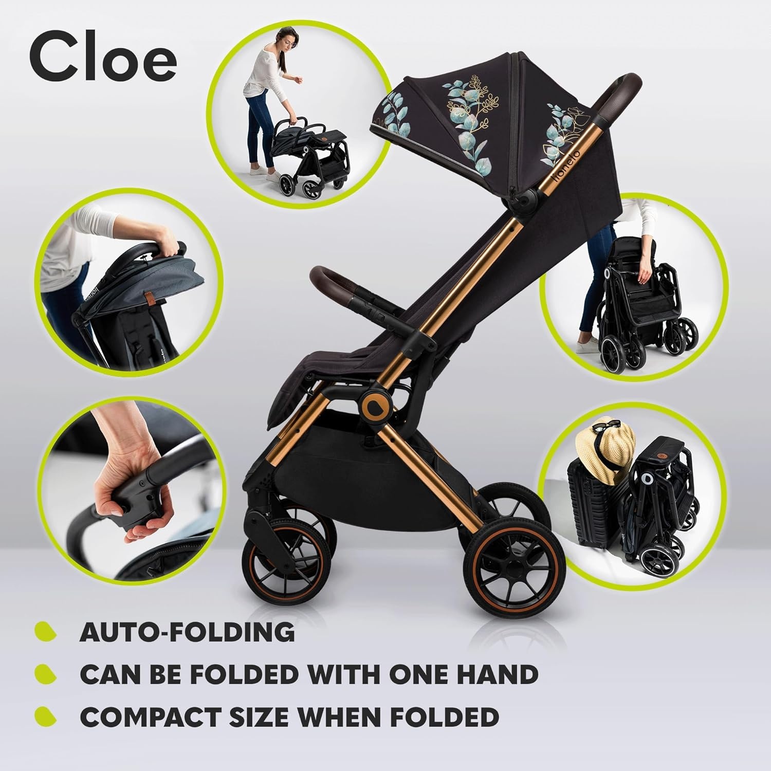 LIONELO Cloe Lichtgewicht Wandelwagen tot 22 kg – Automatisch Inklapbaar met Draagtas, Grote PU-Wielen met Vering, Verstelbare Rugleuning & Voetsteun, 5-Puntsgordel, UPF50+ XXL Zonnekap – Zwart Goud