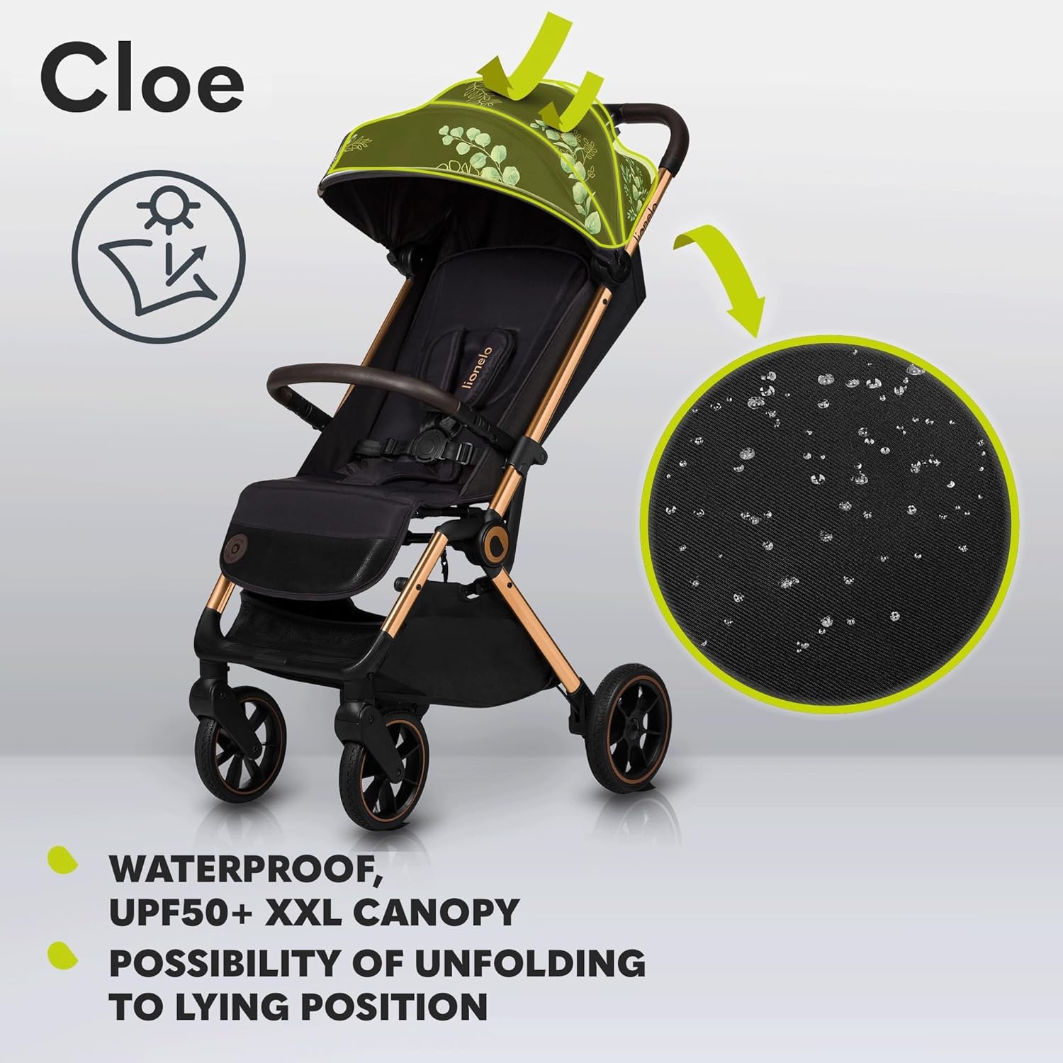 LIONELO Cloe Lichtgewicht Wandelwagen tot 22 kg – Automatisch Inklapbaar met Draagtas, Grote PU-Wielen met Vering, Verstelbare Rugleuning & Voetsteun, 5-Puntsgordel, UPF50+ XXL Zonnekap – Zwart Goud