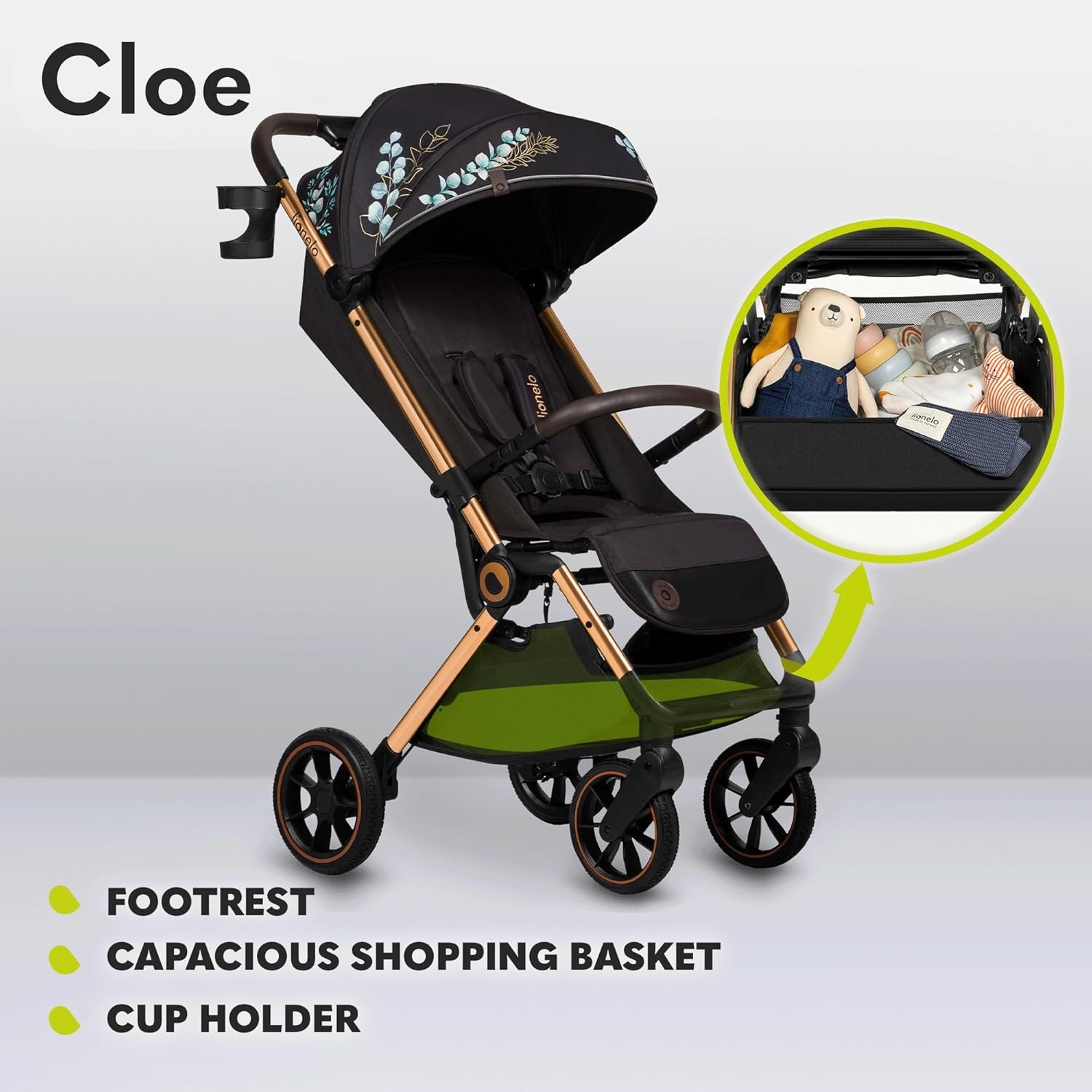 LIONELO Cloe Lichtgewicht Wandelwagen tot 22 kg – Automatisch Inklapbaar met Draagtas, Grote PU-Wielen met Vering, Verstelbare Rugleuning & Voetsteun, 5-Puntsgordel, UPF50+ XXL Zonnekap – Zwart Goud