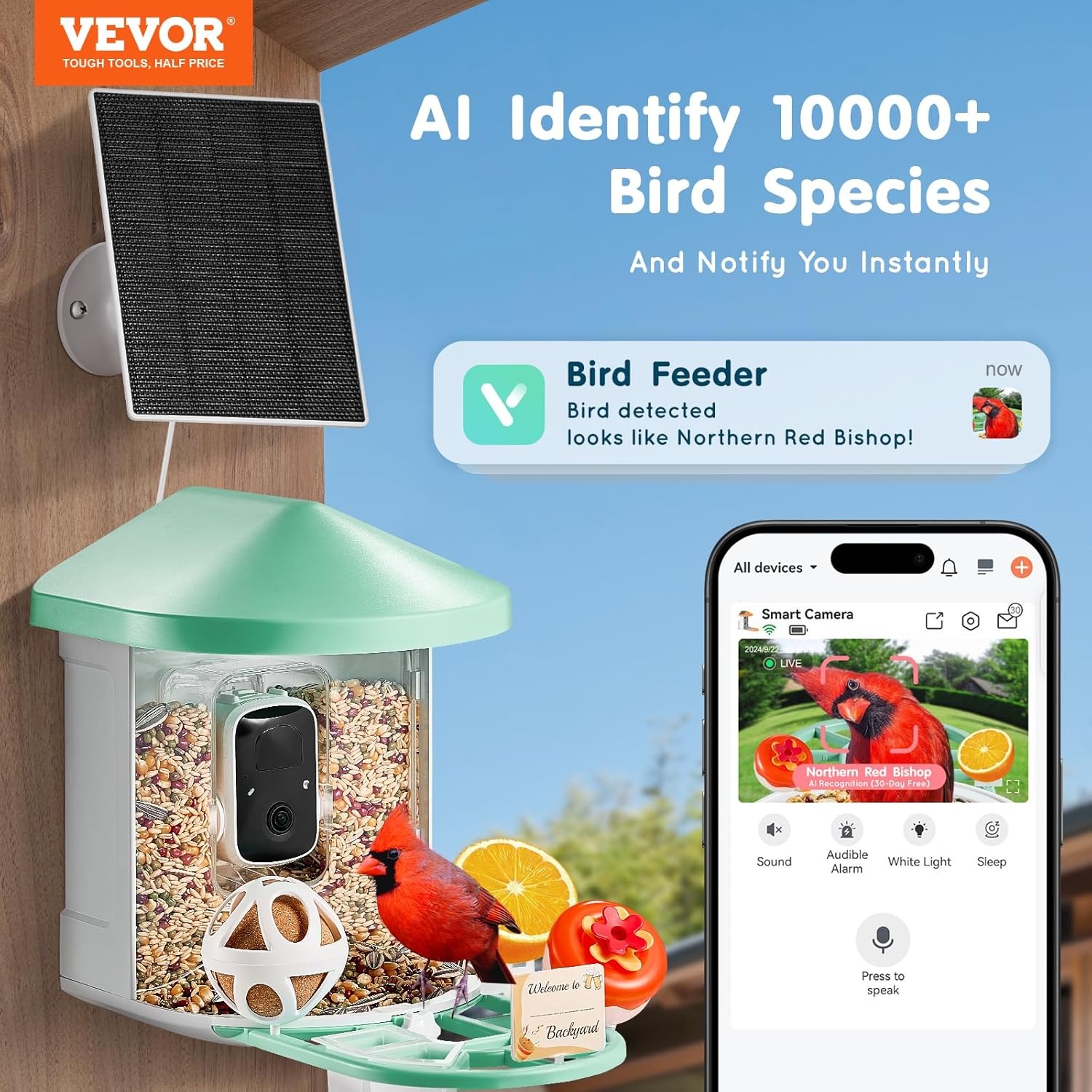 VEVOR Intelligente vogelvoederautomaat met 2K HD KI-camera, vogelidentificatie, extern zonnepaneel, vogelobservatiecamera met automatische detectie en onmiddellijke melding voor buiten, groen