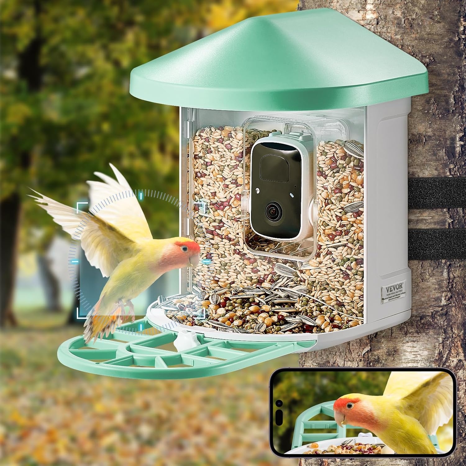 VEVOR Intelligente vogelvoederautomaat met 2K HD KI-camera, vogelidentificatie, extern zonnepaneel, vogelobservatiecamera met automatische detectie en onmiddellijke melding voor buiten, groen