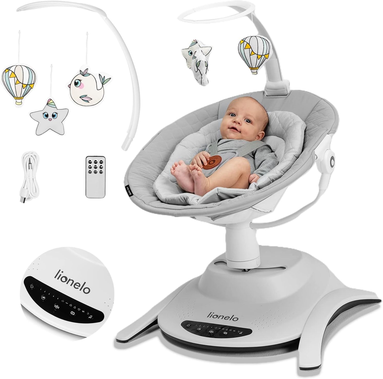 LIONELO Bella Elektrische Babywipstoel tot 9 kg – 360° Draaibare Zitting – 6 Schommelstanden & 5 Snelheden – 12 Melodieën – Automatische Bewegingsdetectie – 3 Ligposities – Afstandsbediening – Grijs