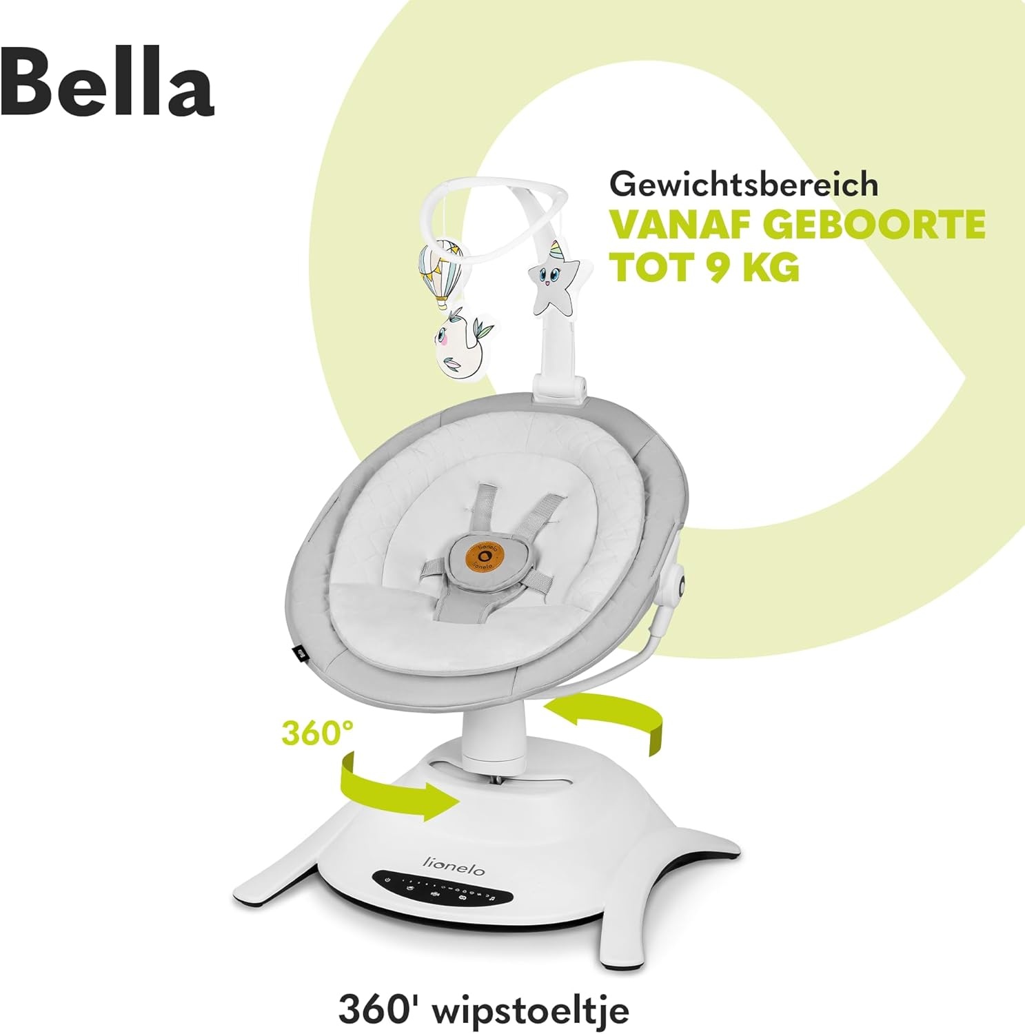 LIONELO Bella Elektrische Babywipstoel tot 9 kg – 360° Draaibare Zitting – 6 Schommelstanden & 5 Snelheden – 12 Melodieën – Automatische Bewegingsdetectie – 3 Ligposities – Afstandsbediening – Grijs