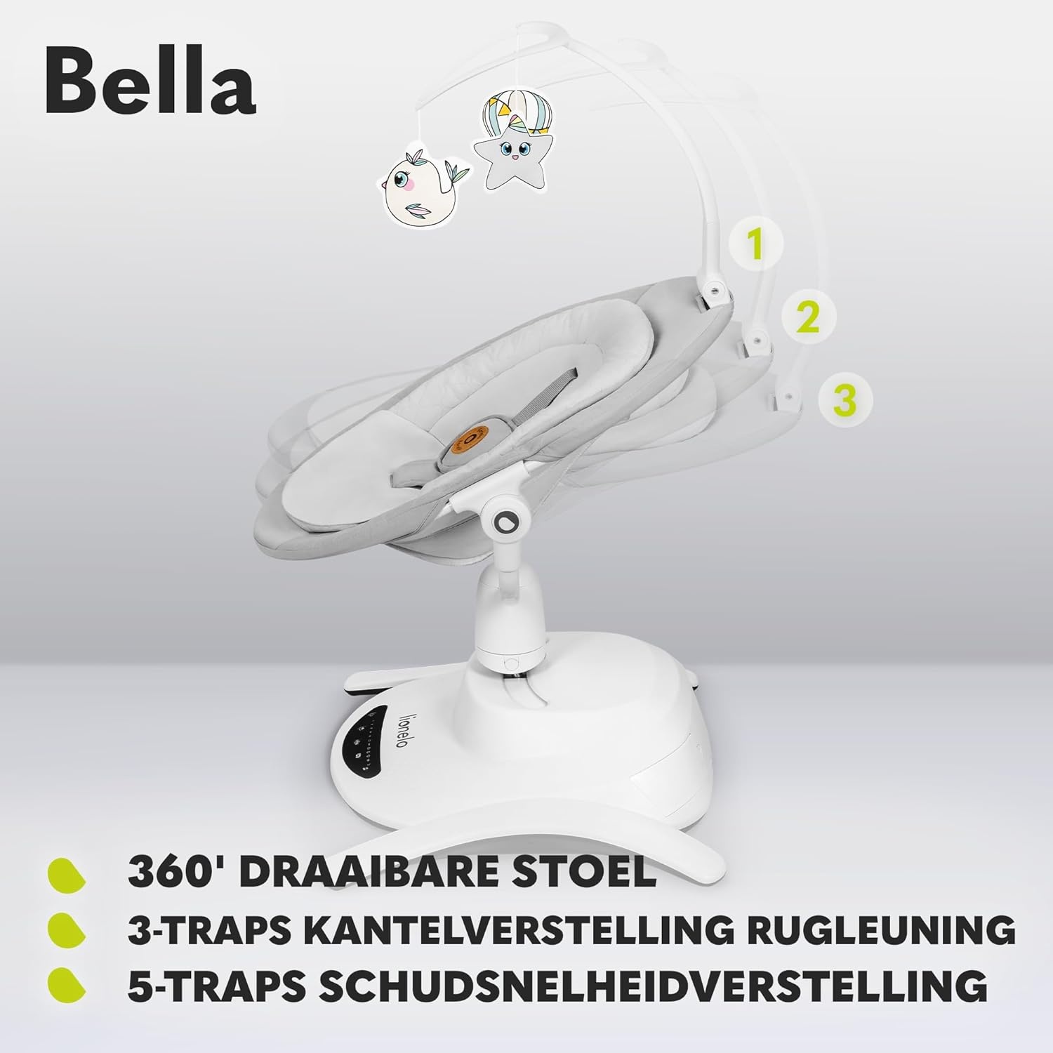 LIONELO Bella Elektrische Babywipstoel tot 9 kg – 360° Draaibare Zitting – 6 Schommelstanden & 5 Snelheden – 12 Melodieën – Automatische Bewegingsdetectie – 3 Ligposities – Afstandsbediening – Grijs