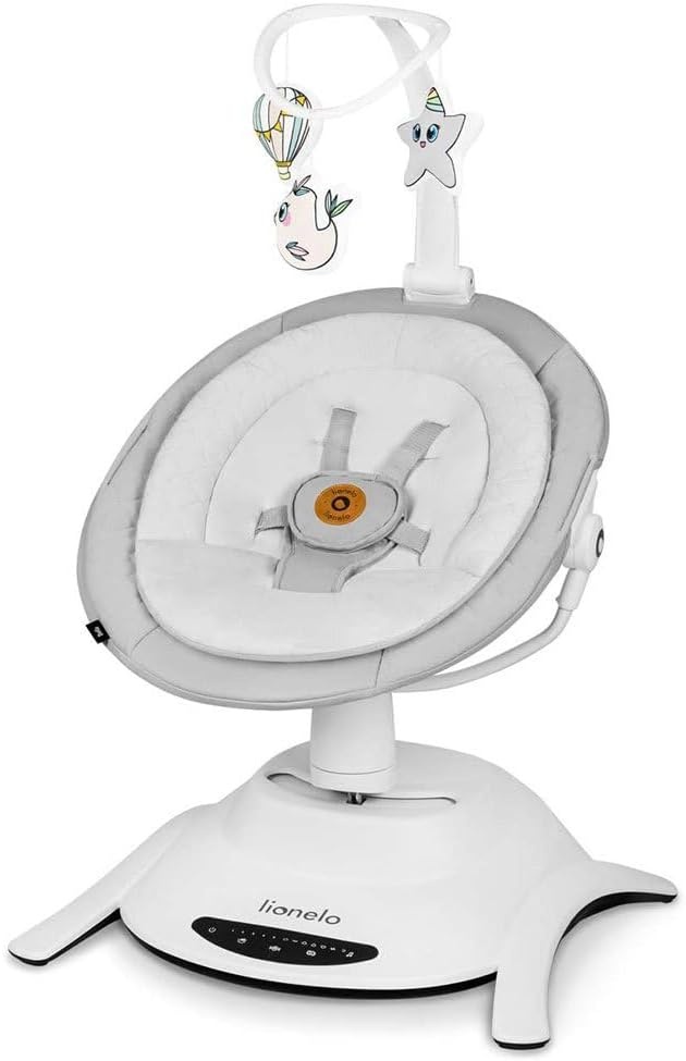 LIONELO Bella Elektrische Babywipstoel tot 9 kg – 360° Draaibare Zitting – 6 Schommelstanden & 5 Snelheden – 12 Melodieën – Automatische Bewegingsdetectie – 3 Ligposities – Afstandsbediening – Grijs