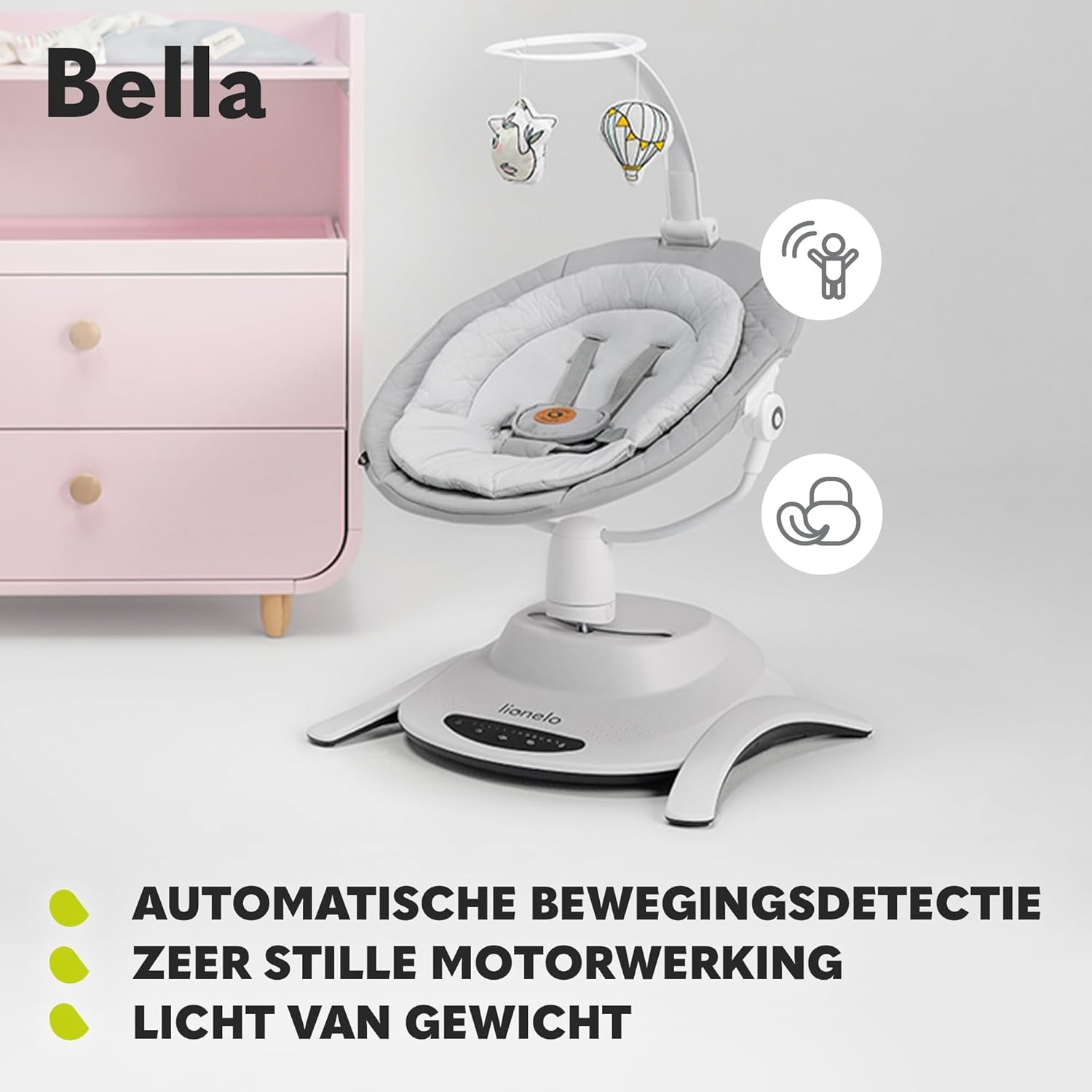 LIONELO Bella Elektrische Babywipstoel tot 9 kg – 360° Draaibare Zitting – 6 Schommelstanden & 5 Snelheden – 12 Melodieën – Automatische Bewegingsdetectie – 3 Ligposities – Afstandsbediening – Grijs