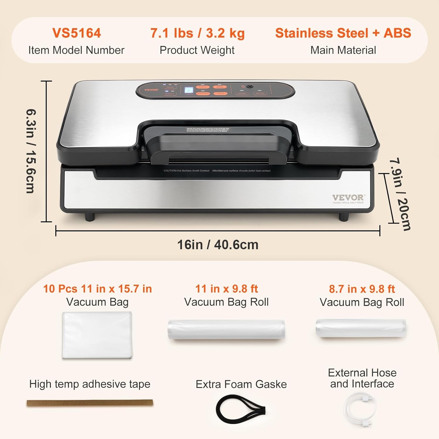 VEVOR Vacumeermachine met ingebouwde snijder - 90Kpa - 130W - Zilver