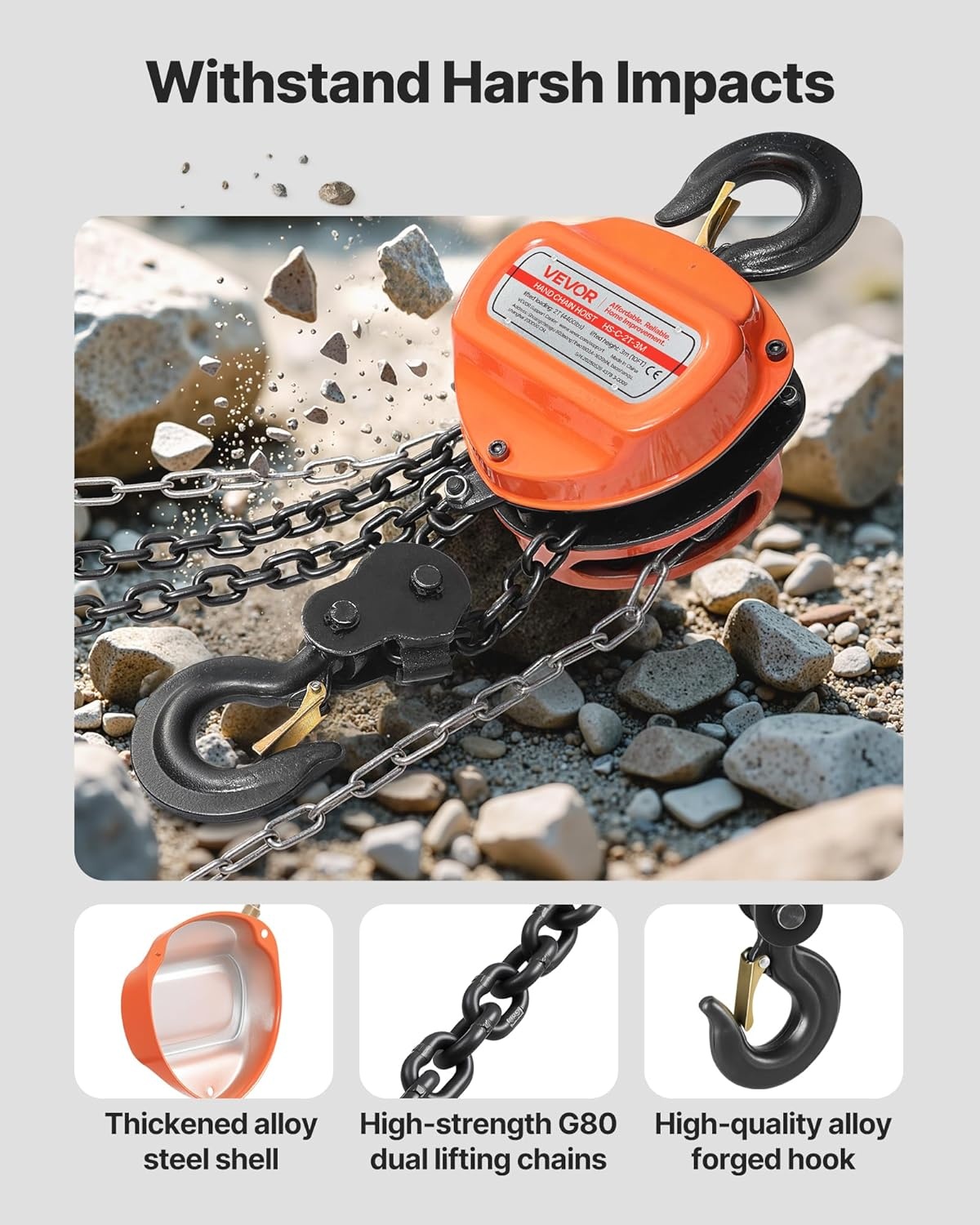 VEVOR Trekkoord met 2 T draagvermogen, handketting, 3 m hefhoogte, hoes met G80-ketting, krachtige takel, handmatige takel voor garages, magazijnen, automobielmachines, oranje