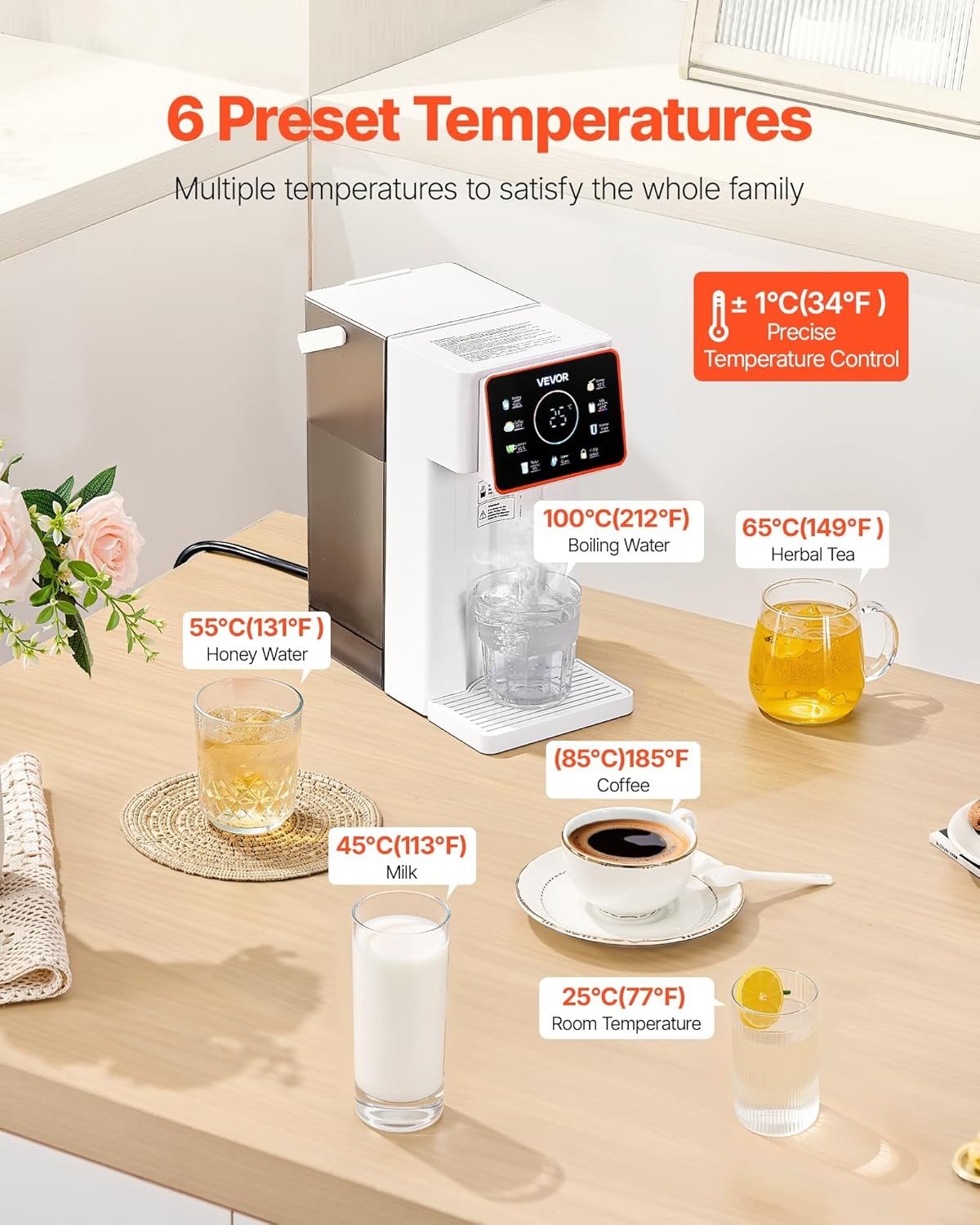 VEVOR Instant warmwaterdispenser, aanrecht kokend water dispenser met instelbare 6 temperaturen en 7 watervolumes, 100 oz verwijderbare watertank, snelle verwarming met touchscreen en kinderslot voor