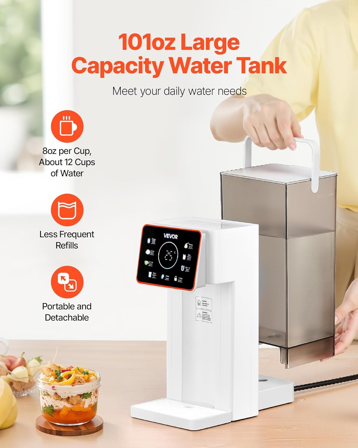 VEVOR Instant warmwaterdispenser, aanrecht kokend water dispenser met instelbare 6 temperaturen en 7 watervolumes, 100 oz verwijderbare watertank, snelle verwarming met touchscreen en kinderslot voor