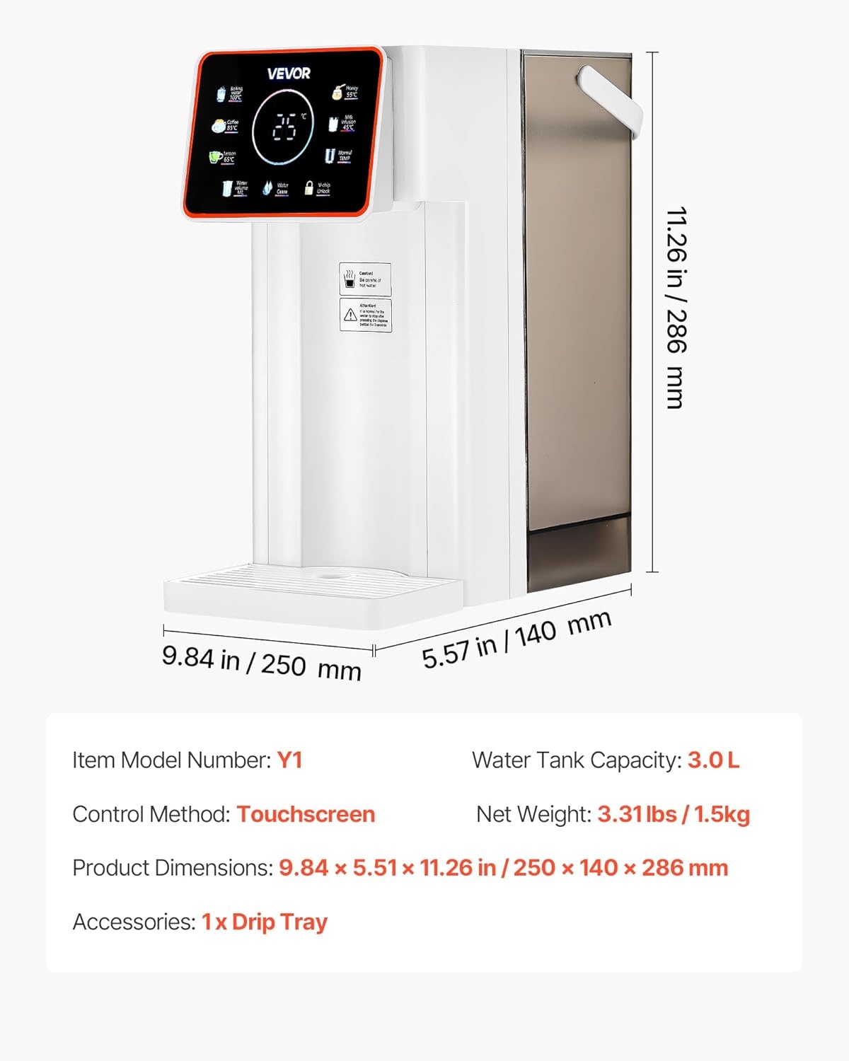 VEVOR Instant warmwaterdispenser, aanrecht kokend water dispenser met instelbare 6 temperaturen en 7 watervolumes, 100 oz verwijderbare watertank, snelle verwarming met touchscreen en kinderslot voor